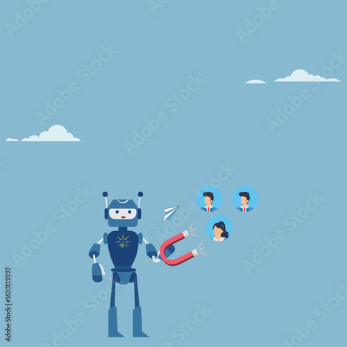 A robot is using a magnet to attract customers, representing lead generation and marketing automation with ai, digital strategy, and online presence in business and technology, connecting with people