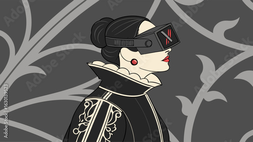 Woman in Elizabethan Dress Wearing VR Headset Illustration.