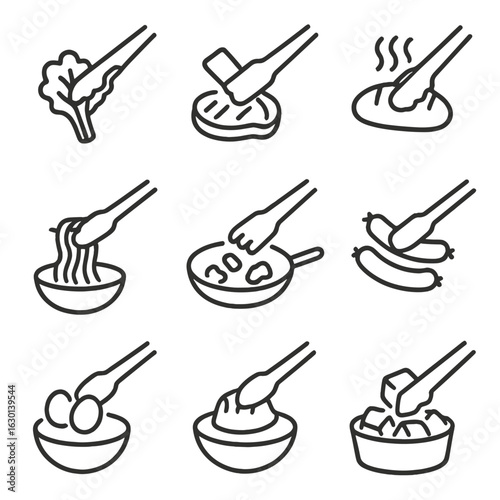 Tongs Food Icon Set. Outline icon set of food handling with tongs: picking lettuce, flipping meat, moving hot bread, serving