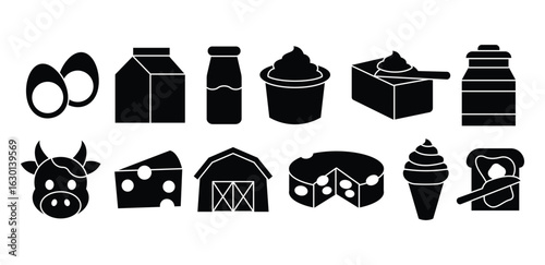 Dairy Product Collection Fill Black Icon Featuring Milk, Egg, Cheese, Dessert, Breakfast, Cooking, Meal, Fresh, Healthy, Symbol Vector Design Illustration Collections