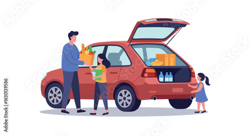 Family unloading groceries from car on shopping day
