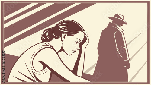 Distressed Woman and Mysterious Man in Vintage Style Illustration.