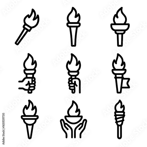 Torch Icon Set. Outline icon set of torchlight events: parade torch, Olympic torch, ceremonial flame, victory torch, protest torch