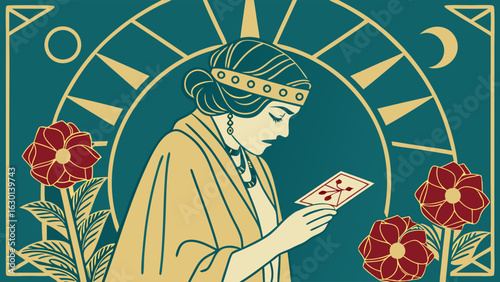 Woman Reading Tarot Card with Floral and Celestial Motifs Illustration.