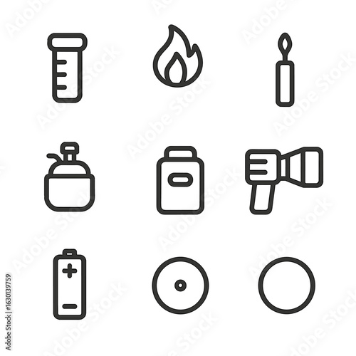 Torch Icon Set. Outline icon set of torch parts: handle, flame, wick, fuel tank, ignition switch, metal casing, battery, reflector