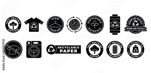 Black Fill Clothes Recycling Icons Fashion, Reuse, Reduce, Environmental, Waste, Manufacturing, Apparel, Stamp Badge Vector Design Illustration Collections Sets