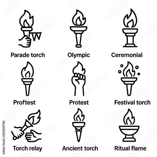 Torch Icon Set. Outline icon set of torchlight events: parade torch, Olympic torch, ceremonial flame, victory torch, protest torch