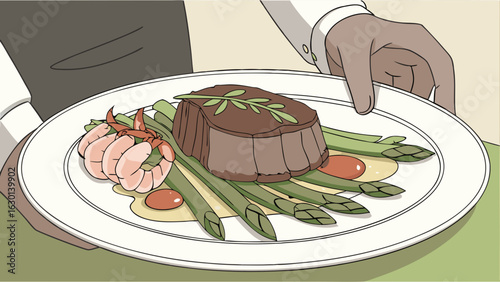 Elegant Plate of Steak Shrimp and Asparagus Served.