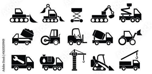 Black Construction Vehicle Icon A Collection of Heavy Machinery Silhouette, Industry, Crane, Truck, Forklift, Loader, Mixer, Engineering Symbol Sign Vector Design Illustration Collection Sets
