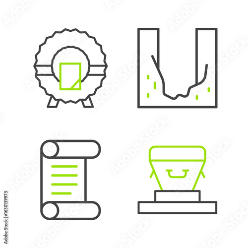 Set line Coffin, Decree, parchment, scroll, Cemetery digged grave hole and Memorial wreath icon. Vector