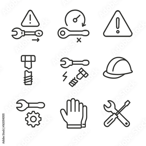 Torque Safety Icons. Outline icon set of torque safety and warnings: overload warning, torque limit, caution sign, broken bolt,