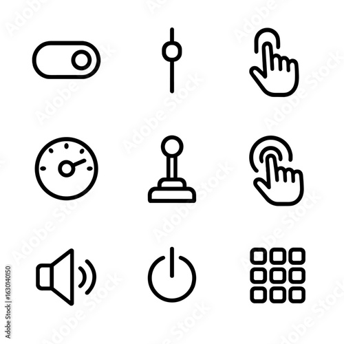 Touch Control Icons. Outline icon set of touch controls: toggle switch, slider, button press, rotary dial, joystick, touchpad tap,