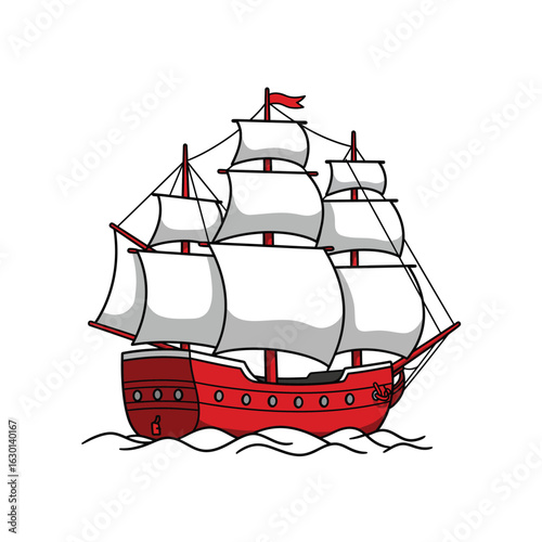 Illustration of a vibrant red sailing ship navigating the open sea, isolated on white background, symbolizing exploration and maritime transport