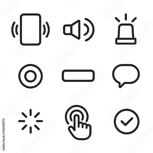 Touch Feedback Icons. Outline icon set of touch feedback and response: haptic vibration, sound alert, LED light, tactile button,