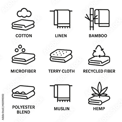 Towel Material Icons. Outline icon set of towel materials: cotton towel, linen towel, bamboo towel, microfiber towel, terry cloth,