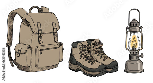 Camping essentials: backpack, hiking boots, and lantern in vintage style