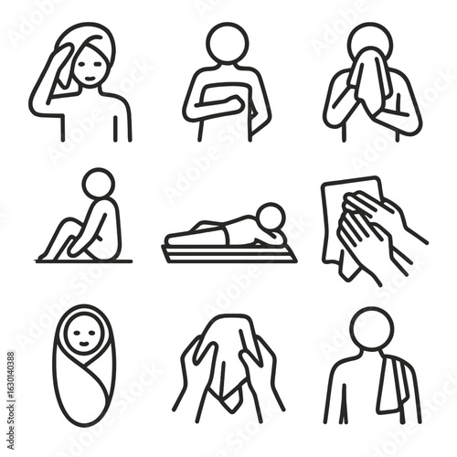 Towel Icon Set. Outline icon set of towel in use: drying hair with towel, wrapping towel around body, wiping face, sitting on