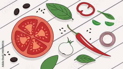 Fresh Ingredients Tomato Pepper Onion Basil and Spices Illustration.