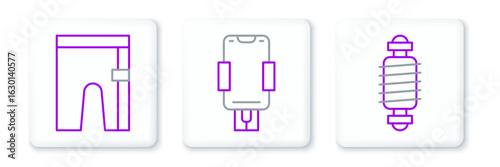 Set line Bicycle suspension, Cycling shorts and Mobile holder icon. Vector