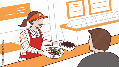 Friendly Cafe Worker Serving Food to Customer.