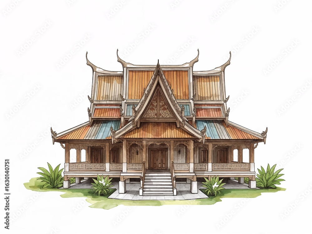 Fototapeta premium Cambodian wooden Khmer house in ink and watercolor wash on plain white background