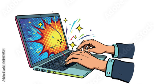 Pop art explosion on laptop screen with creative hands typing