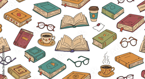 Seamless pattern of vintage books and coffee with glasses and stationery