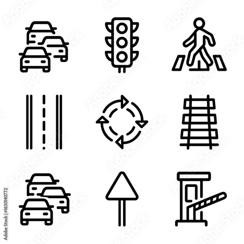 Traffic Icon Set. Outline icon set of traffic and transportation flow: car convoy, traffic light, pedestrian crossing, highway,