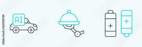Set line Battery, Autonomous smart car and Waiter robot icon. Vector