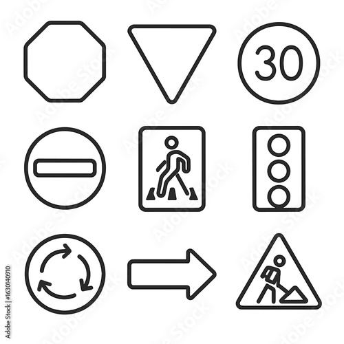 Traffic Sign Icons. Outline icon set of traffic signs: stop sign, yield sign, speed limit, no entry, pedestrian crossing, traffic