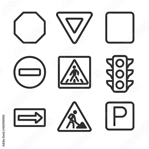 Traffic Signs Icons. Outline icon set of traffic signs: stop sign, yield sign, speed limit, no entry, pedestrian crossing, traffic
