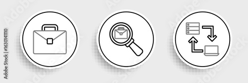 Set line Online working, Briefcase and Magnifying glass with briefcase icon. Vector