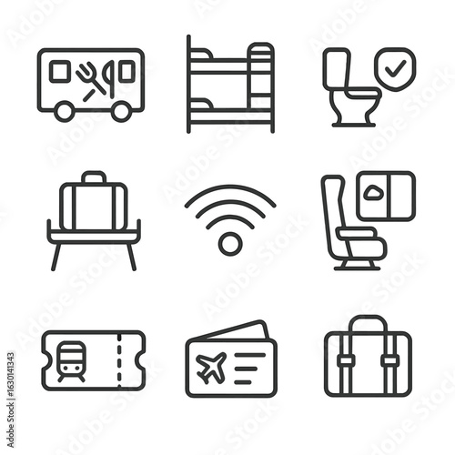 Train Travel Icons. Outline icon set of train travel amenities: dining car, sleeping berth, restroom, luggage rack, Wi-Fi, window