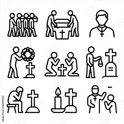 Graveyard Ceremony Icons. Outline icon set of graveyard ceremonies: funeral procession, coffin lowering, priest, wreath laying,