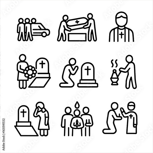 Graveyard Ceremony Icons. Outline icon set of graveyard ceremonies: funeral procession, coffin lowering, priest, wreath laying,