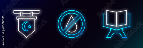 Set line Holy book of Koran, Star and crescent and No water icon. Glowing neon. Vector