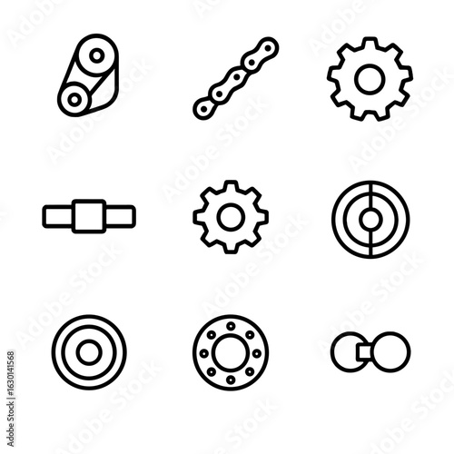 Transmission Elements Icons. Outline icon set of transmission elements: belt, chain, sprocket, shaft, gear, clutch, pulley,