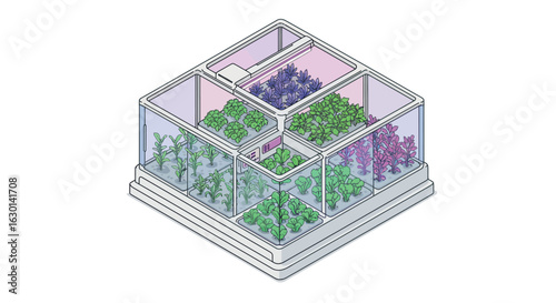 Isometric indoor garden design with diverse herb and plant sections in compartments