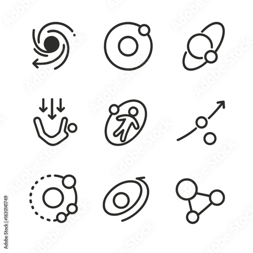 Gravity Phenomena Icons. Outline icon set of gravity phenomena in space: black hole pull, planetary orbit, tidal locking, free