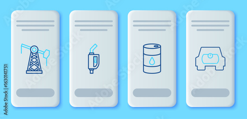 Set line Gasoline pump nozzle, Barrel oil, Oil or jack and tank for vehicle icon. Vector