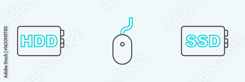 Set line SSD card, Hard disk drive HDD and Computer mouse icon. Vector