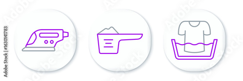 Set line Basin with shirt, Electric iron and Washing powder icon. Vector