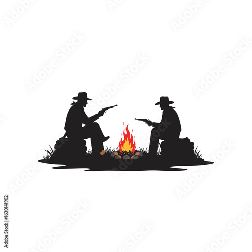 Two cowboys sitting by a campfire with guns in the wild west, isolated on white background
