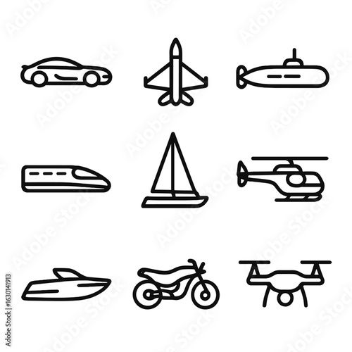 Transport Velocity Icons. Outline icon set of transport velocity: sports car, jet fighter, submarine, bullet train, racing yacht,