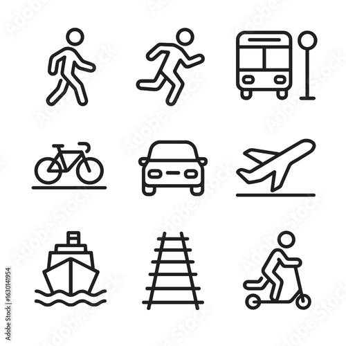 Transportation Icons Set. Outline icon set of movement in transportation: walking person, running person, bus stop, bike lane, car