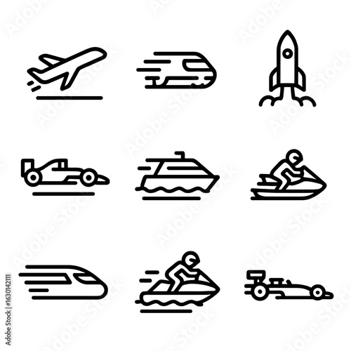 Transportation Speed Icons. Outline icon set of speed in transportation: airplane takeoff, speeding train, rocket launch, race car