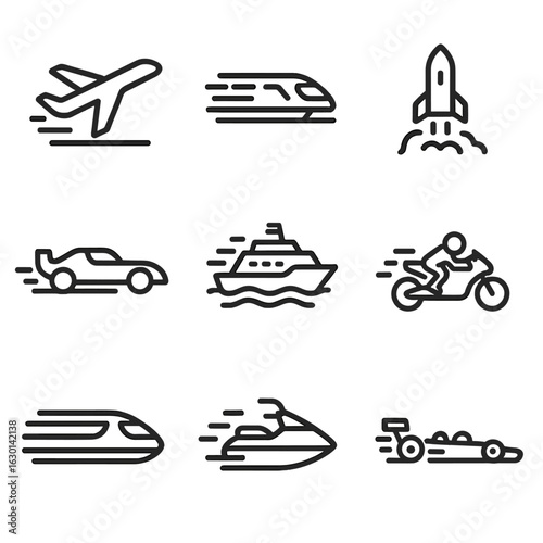 Transportation Speed Icons. Outline icon set of speed in transportation: airplane takeoff, speeding train, rocket launch, race car