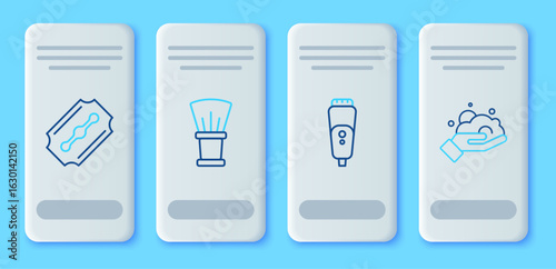 Set line Shaving brush, Electric razor blade, Blade and foam on hand icon. Vector