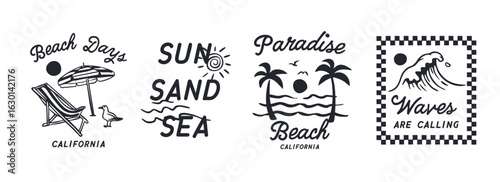 Summer beach badge vector set with palm trees, waves, sun, and typography for California surf style. Perfect for t-shirts, posters, or travel branding.
