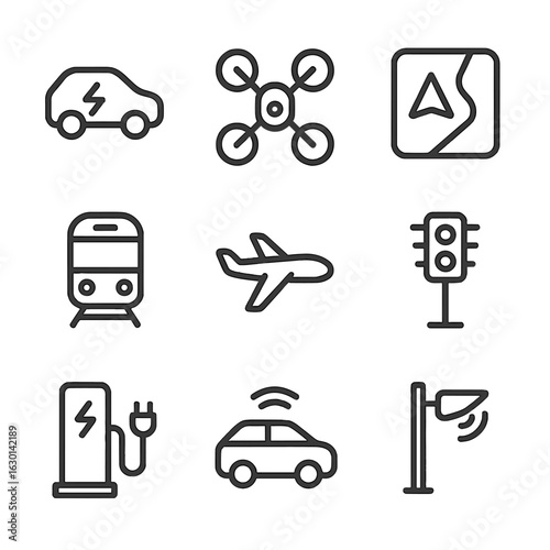 Transportation Tech Icons. Outline icon set of transportation technology: electric car, drone, GPS navigation, train, airplane,